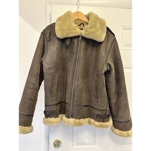 NY Classics Genuine Leather Brown Bomber Sherpa Jacket Coat women's Size Large